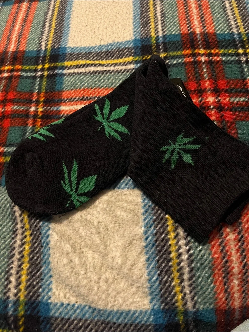 Black Crew Socks with Green Leaf Motif